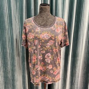 Free People Gray Distressed Floral Pink Thin Lightweight Oversized T Shirt Med